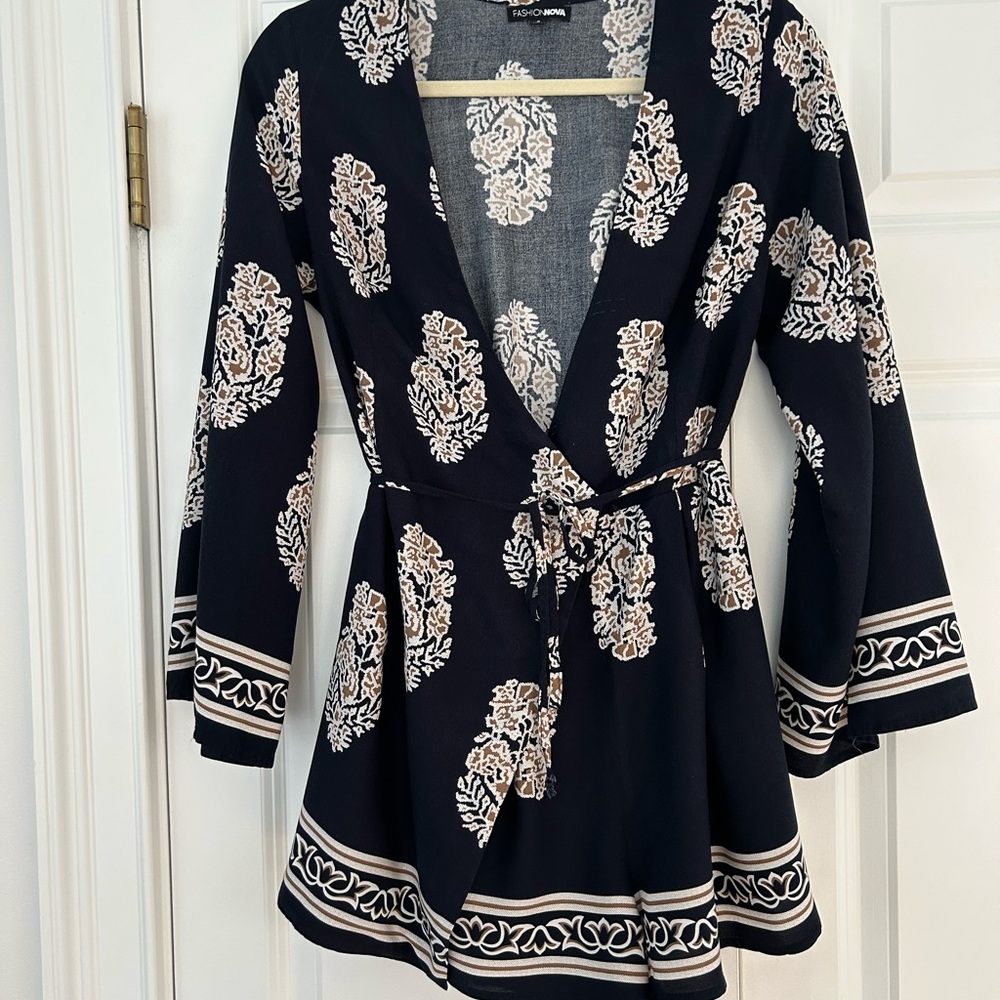 Fashion Nova Navy Long Sleeve Wrap Romper